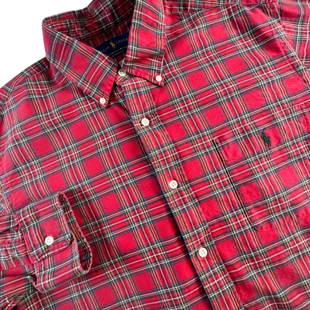 Ralph Lauren‎ Classic Fit Oxford Plaid Button Down Shirt Mens XL Red Tartan